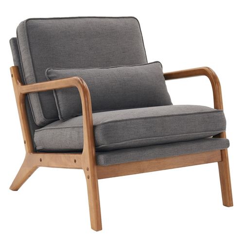 Mid-Century Modern Dark Grey Upholstered Oak Armrest Lounge Chair