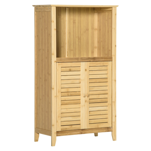 Elegant Bamboo Bathroom Floor Cabinet with Open & Closed Storage