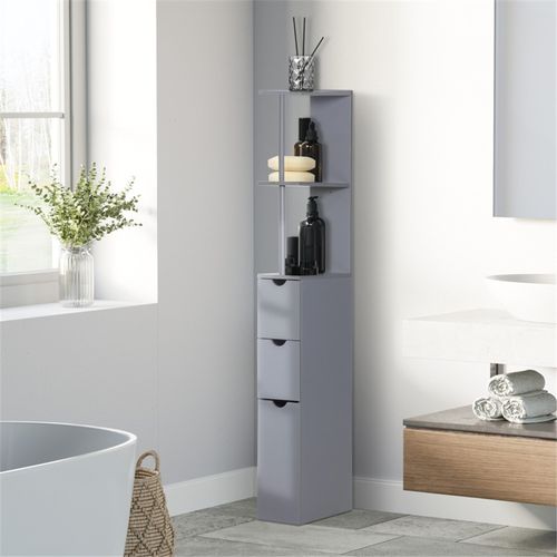 Sleek Grey Bathroom Storage Cabinet with Open Shelves & Drawers - Modern Design